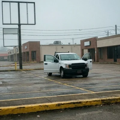 A white pickup truck with both front doors open in an empty, foggy strip-mall parking lot in the early morning