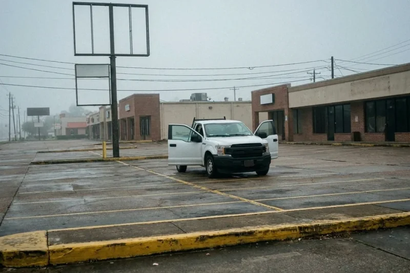 A white pickup truck with both front doors open in an empty, foggy strip-mall parking lot in the early morning