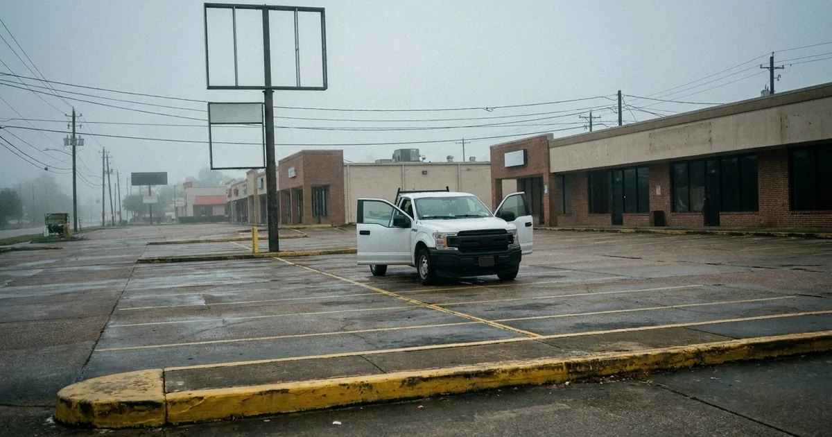 A white pickup truck with both front doors open in an empty, foggy strip-mall parking lot in the early morning