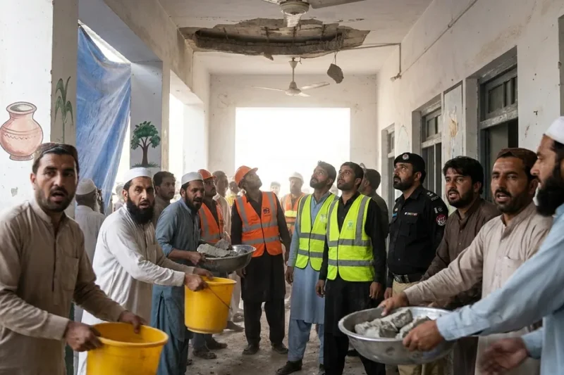 Illustration of local men passing rubble in yellow buckets and steel basins beneath a broken school ceiling as rescue workers in orange and yellow vests and a police officer look up
