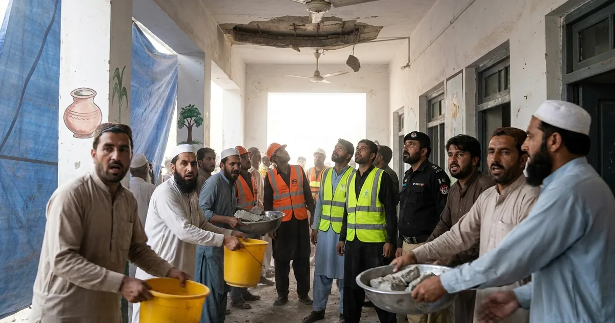 Illustration of local men passing rubble in yellow buckets and steel basins beneath a broken school ceiling as rescue workers in orange and yellow vests and a police officer look up