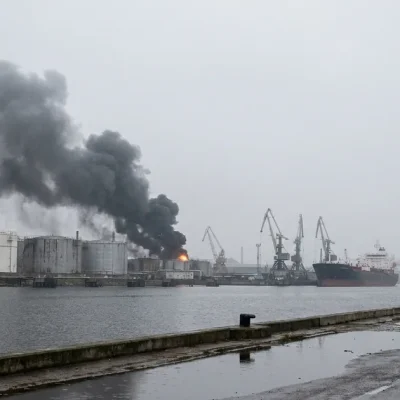Black smoke rising from a row of oil storage tanks beside a harbour on an overcast morning, with a fire engine parked on the quay