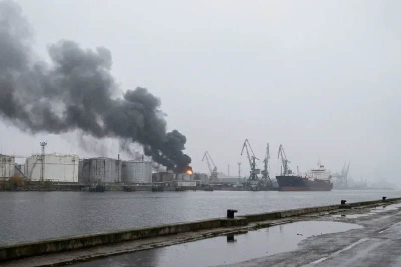 Black smoke rising from a row of oil storage tanks beside a harbour on an overcast morning, with a fire engine parked on the quay