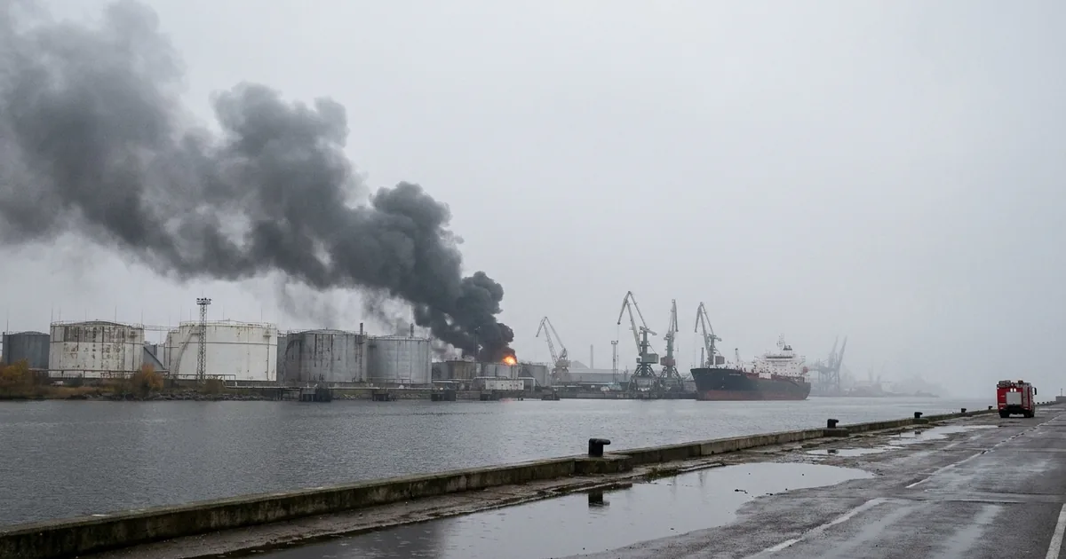 Black smoke rising from a row of oil storage tanks beside a harbour on an overcast morning, with a fire engine parked on the quay