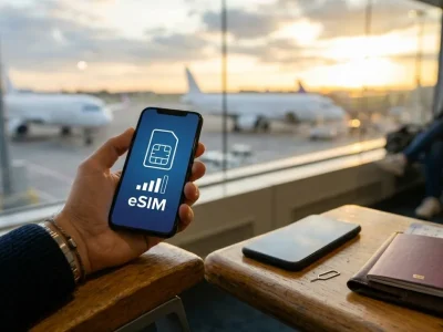 Hand holding a smartphone in an airport lounge, its screen showing a SIM card icon, signal bars and the word eSIM, with planes on the tarmac at sunset behind