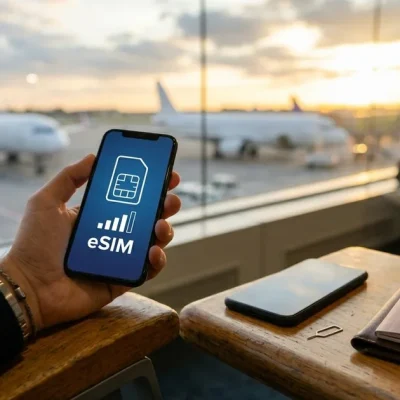 Hand holding a smartphone in an airport lounge, its screen showing a SIM card icon, signal bars and the word eSIM, with planes on the tarmac at sunset behind