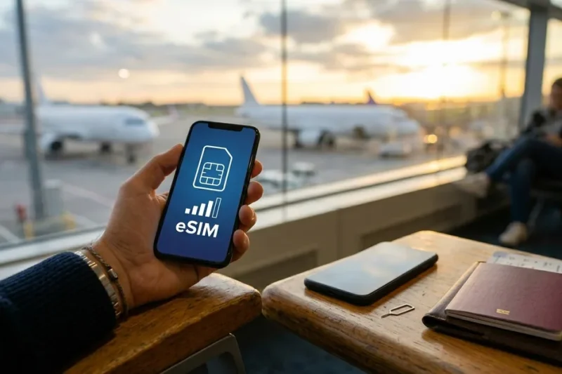 Hand holding a smartphone in an airport lounge, its screen showing a SIM card icon, signal bars and the word eSIM, with planes on the tarmac at sunset behind