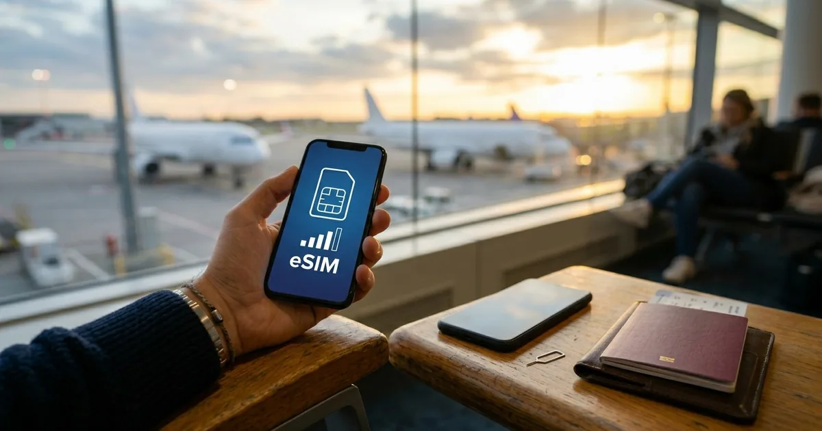 Hand holding a smartphone in an airport lounge, its screen showing a SIM card icon, signal bars and the word eSIM, with planes on the tarmac at sunset behind