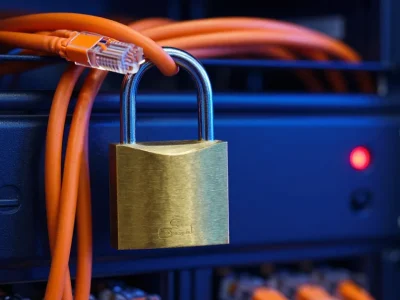 Brass padlock hanging from orange network cables in front of a server rack with a red warning light
