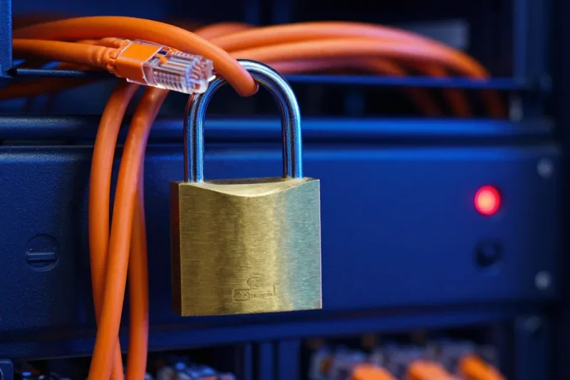 Brass padlock hanging from orange network cables in front of a server rack with a red warning light