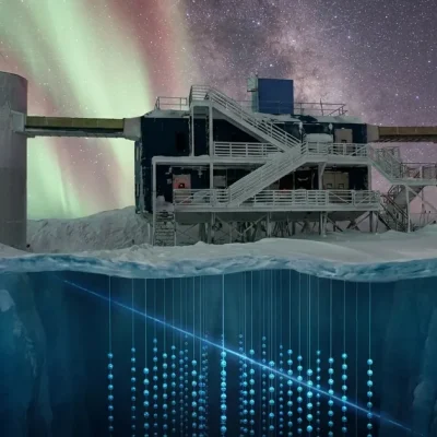 The IceCube Lab building at the South Pole under green aurora, with a cutaway of the ice below showing strings of glowing light sensors