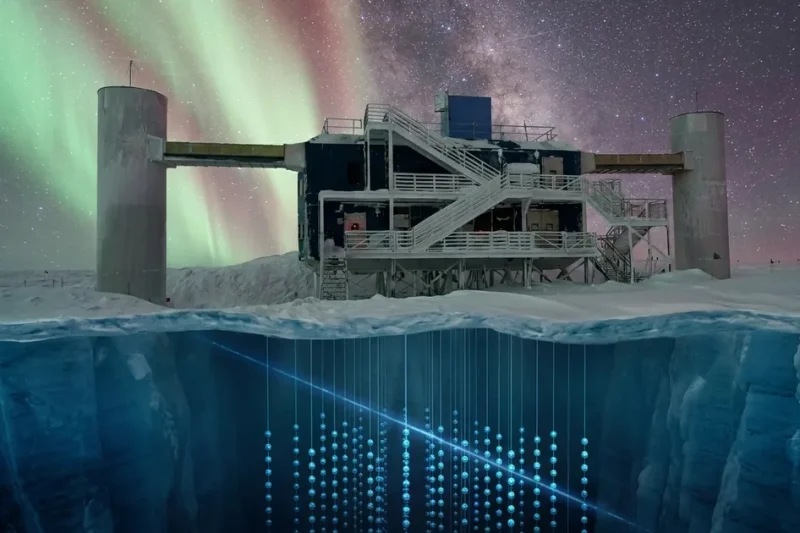The IceCube Lab building at the South Pole under green aurora, with a cutaway of the ice below showing strings of glowing light sensors
