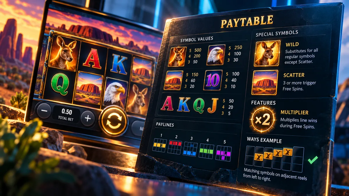 Pokies game screen beside a paytable showing symbol values, paylines, wild, scatter and multiplier