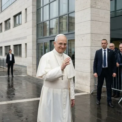 Pope Leo XIV in a white cassock waves to well-wishers outside Rome's Gemelli hospital before surgery