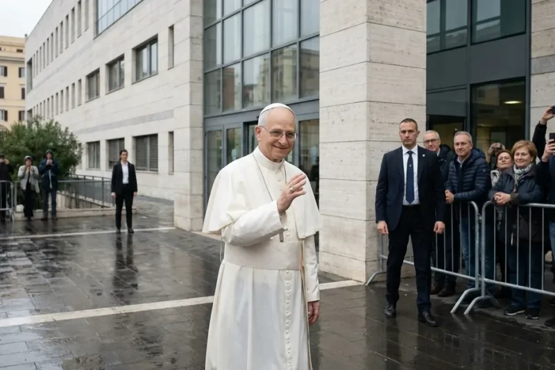Pope Leo XIV in a white cassock waves to well-wishers outside Rome's Gemelli hospital before surgery