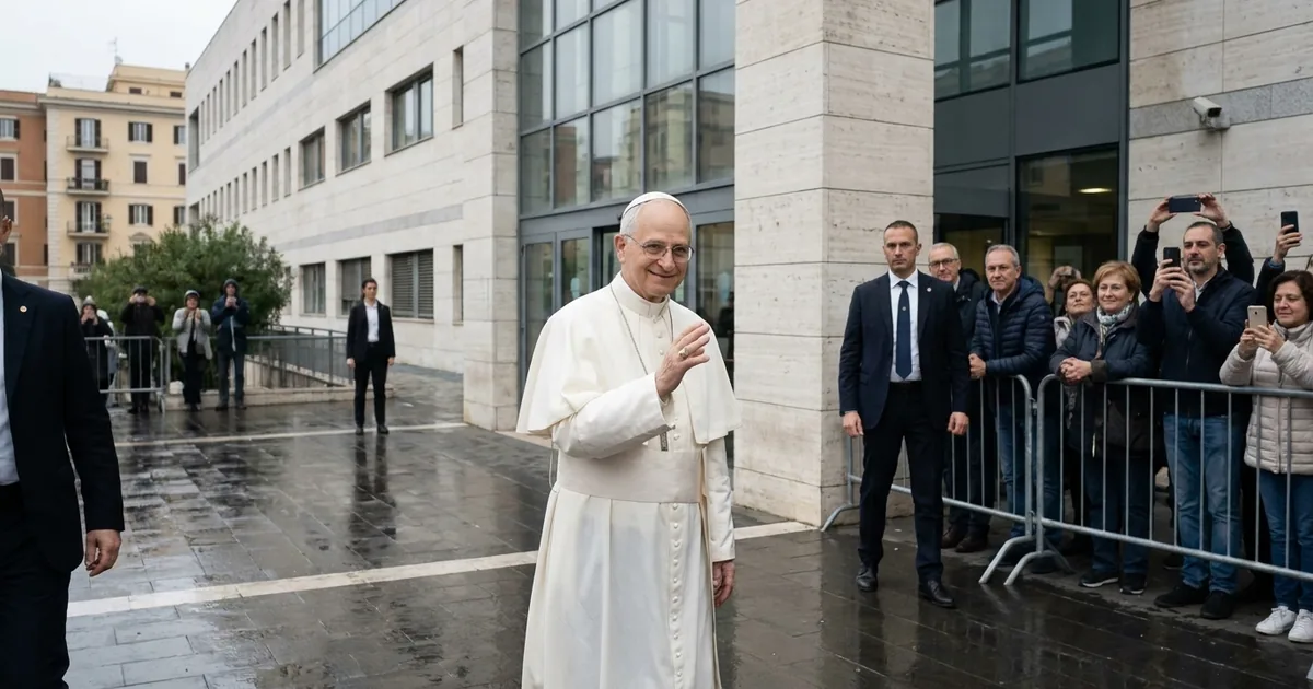 Pope Leo XIV in a white cassock waves to well-wishers outside Rome's Gemelli hospital before surgery