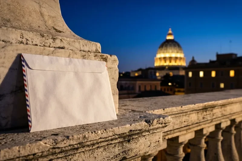 A white mail-in ballot envelope on a marble balustrade with the floodlit dome of St. Peter's Basilica behind it against a deep blue evening sky
