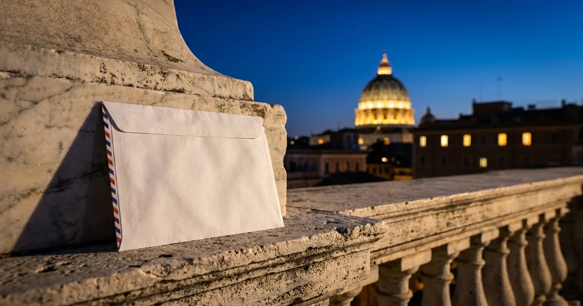 A white mail-in ballot envelope on a marble balustrade with the floodlit dome of St. Peter's Basilica behind it against a deep blue evening sky