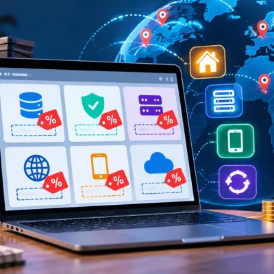 Laptop showing discounted proxy plan tiles beside a server rack, a globe with location pins and a piggy bank