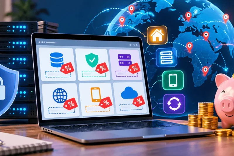 Laptop showing discounted proxy plan tiles beside a server rack, a globe with location pins and a piggy bank