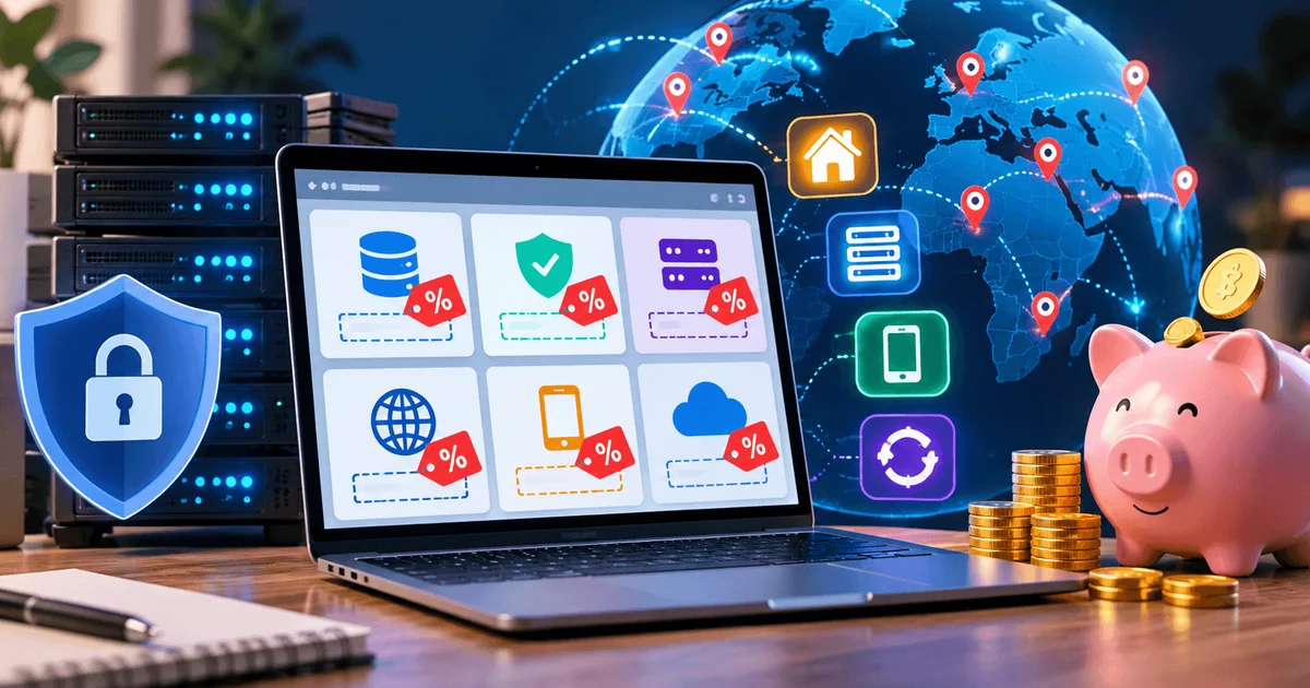 Laptop showing discounted proxy plan tiles beside a server rack, a globe with location pins and a piggy bank