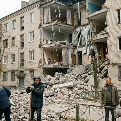 Emergency rescuers dig through brick rubble below a five-story apartment building with its middle section collapsed, as two residents stand by a fence