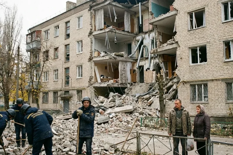 Emergency rescuers dig through brick rubble below a five-story apartment building with its middle section collapsed, as two residents stand by a fence