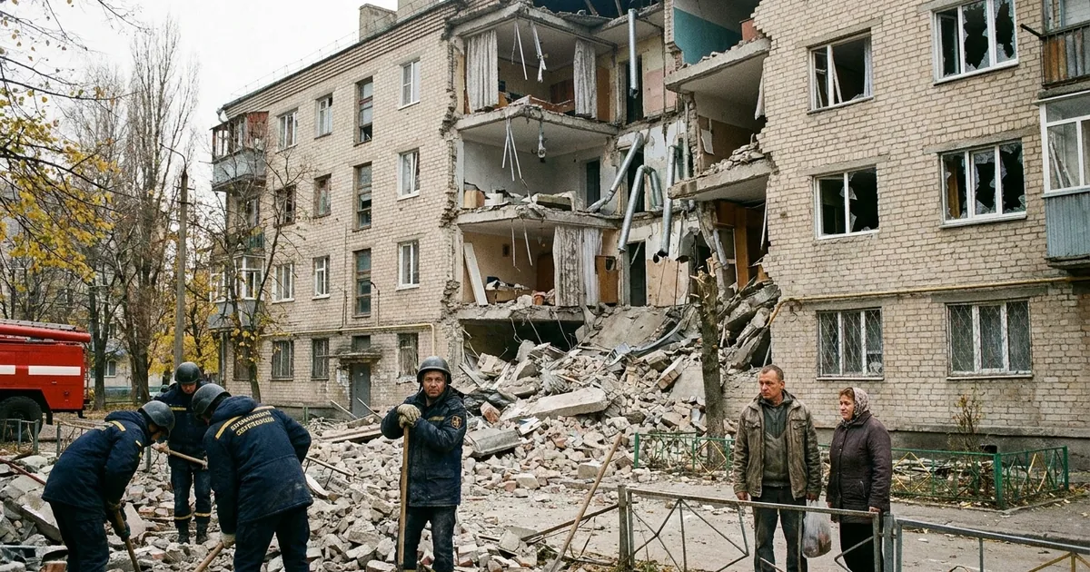 Emergency rescuers dig through brick rubble below a five-story apartment building with its middle section collapsed, as two residents stand by a fence