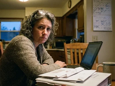 A tired woman in a cardigan at a kitchen table in the evening with a laptop, a binder and a stack of opened envelopes, looking toward the camera