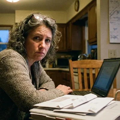 A tired woman in a cardigan at a kitchen table in the evening with a laptop, a binder and a stack of opened envelopes, looking toward the camera