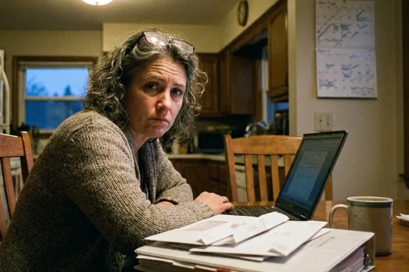 A tired woman in a cardigan at a kitchen table in the evening with a laptop, a binder and a stack of opened envelopes, looking toward the camera