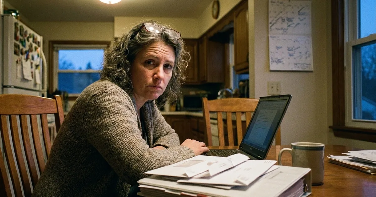 A tired woman in a cardigan at a kitchen table in the evening with a laptop, a binder and a stack of opened envelopes, looking toward the camera