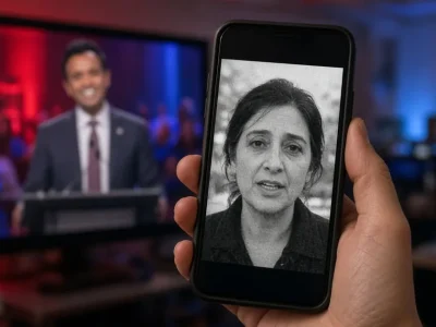 Illustration: a hand holds a phone playing a black-and-white video of an unidentified woman while a television behind it shows Vivek Ramaswamy at a lectern