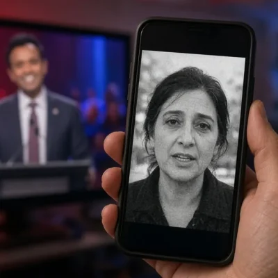 Illustration: a hand holds a phone playing a black-and-white video of an unidentified woman while a television behind it shows Vivek Ramaswamy at a lectern