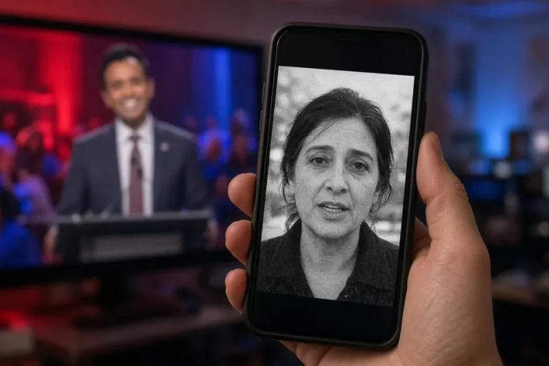 Illustration: a hand holds a phone playing a black-and-white video of an unidentified woman while a television behind it shows Vivek Ramaswamy at a lectern