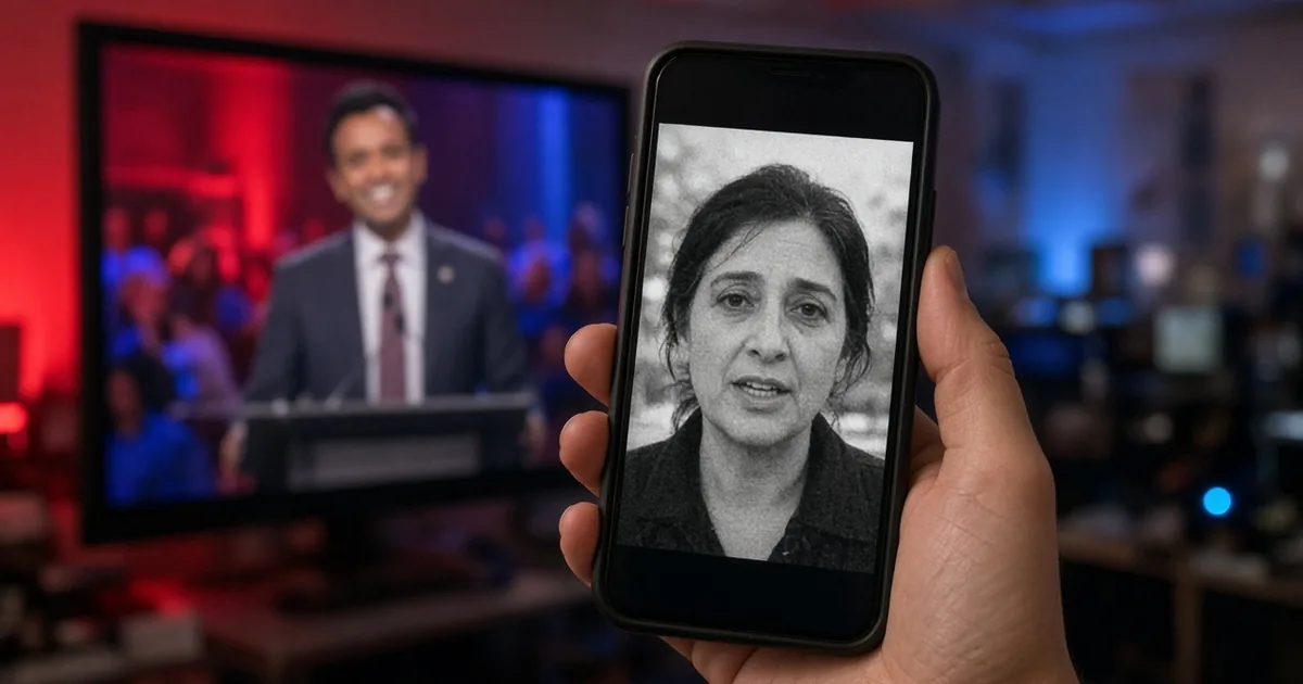 Illustration: a hand holds a phone playing a black-and-white video of an unidentified woman while a television behind it shows Vivek Ramaswamy at a lectern