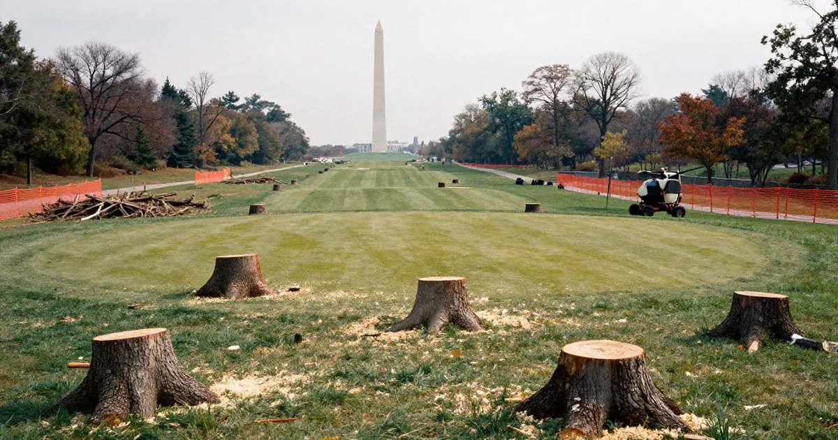 Freshly cut tree stumps and sawdust on a golf course fairway with orange safety fencing and the Washington Monument in the distance