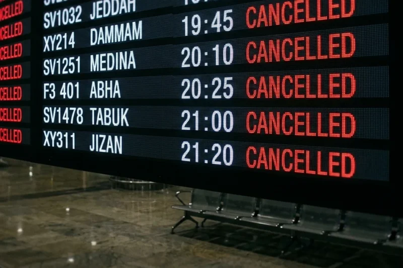 Illustration of an airport departures board in a darkened terminal with flights to Jeddah, Dammam, Medina, Abha, Tabuk and Jizan all marked cancelled in red