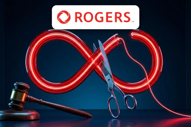 The Rogers logo above a red neon infinity symbol being cut in two by scissors, with a judge's gavel in the foreground