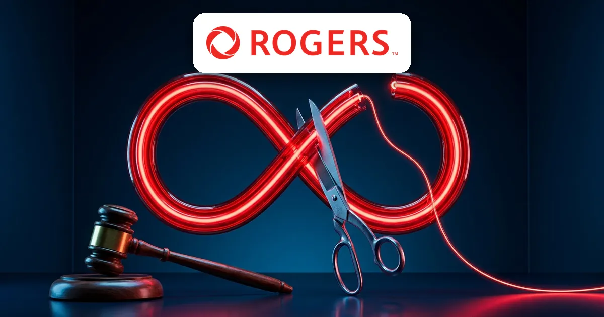 The Rogers logo above a red neon infinity symbol being cut in two by scissors, with a judge's gavel in the foreground
