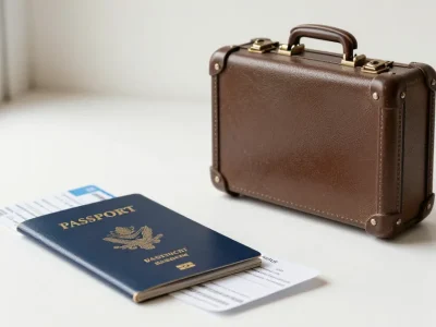 A navy passport with a boarding pass tucked inside and a small brown hard-shell suitcase on a white surface in soft window light