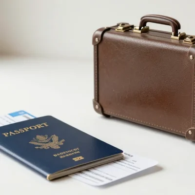 A navy passport with a boarding pass tucked inside and a small brown hard-shell suitcase on a white surface in soft window light