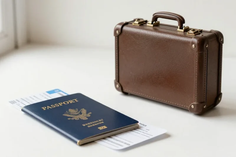 A navy passport with a boarding pass tucked inside and a small brown hard-shell suitcase on a white surface in soft window light