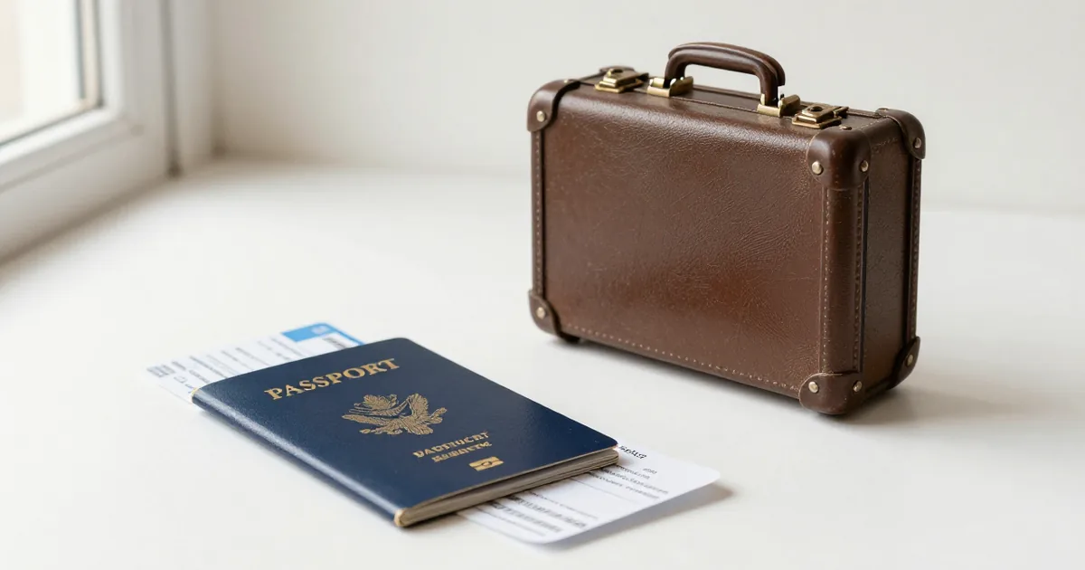 A navy passport with a boarding pass tucked inside and a small brown hard-shell suitcase on a white surface in soft window light