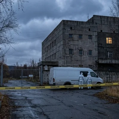 Responders in white protective suits beside a van at a taped-off gate of a concrete research building under heavy clouds