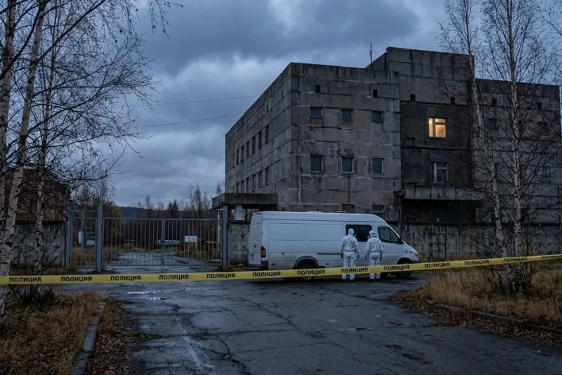 Responders in white protective suits beside a van at a taped-off gate of a concrete research building under heavy clouds