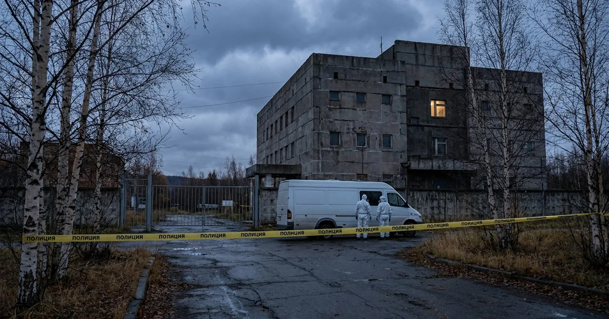 Responders in white protective suits beside a van at a taped-off gate of a concrete research building under heavy clouds