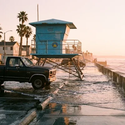 Seawater from a king tide covering a beach parking lot around a lifeguard tower at sunrise, with three people watching from a seawall.