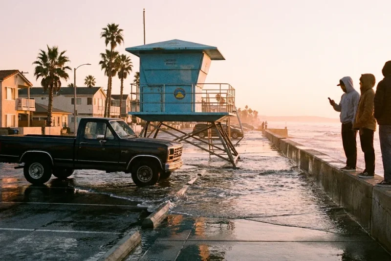 Seawater from a king tide covering a beach parking lot around a lifeguard tower at sunrise, with three people watching from a seawall.
