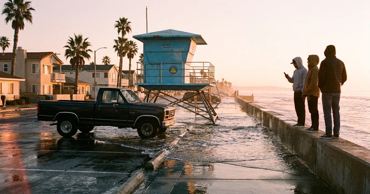Seawater from a king tide covering a beach parking lot around a lifeguard tower at sunrise, with three people watching from a seawall.